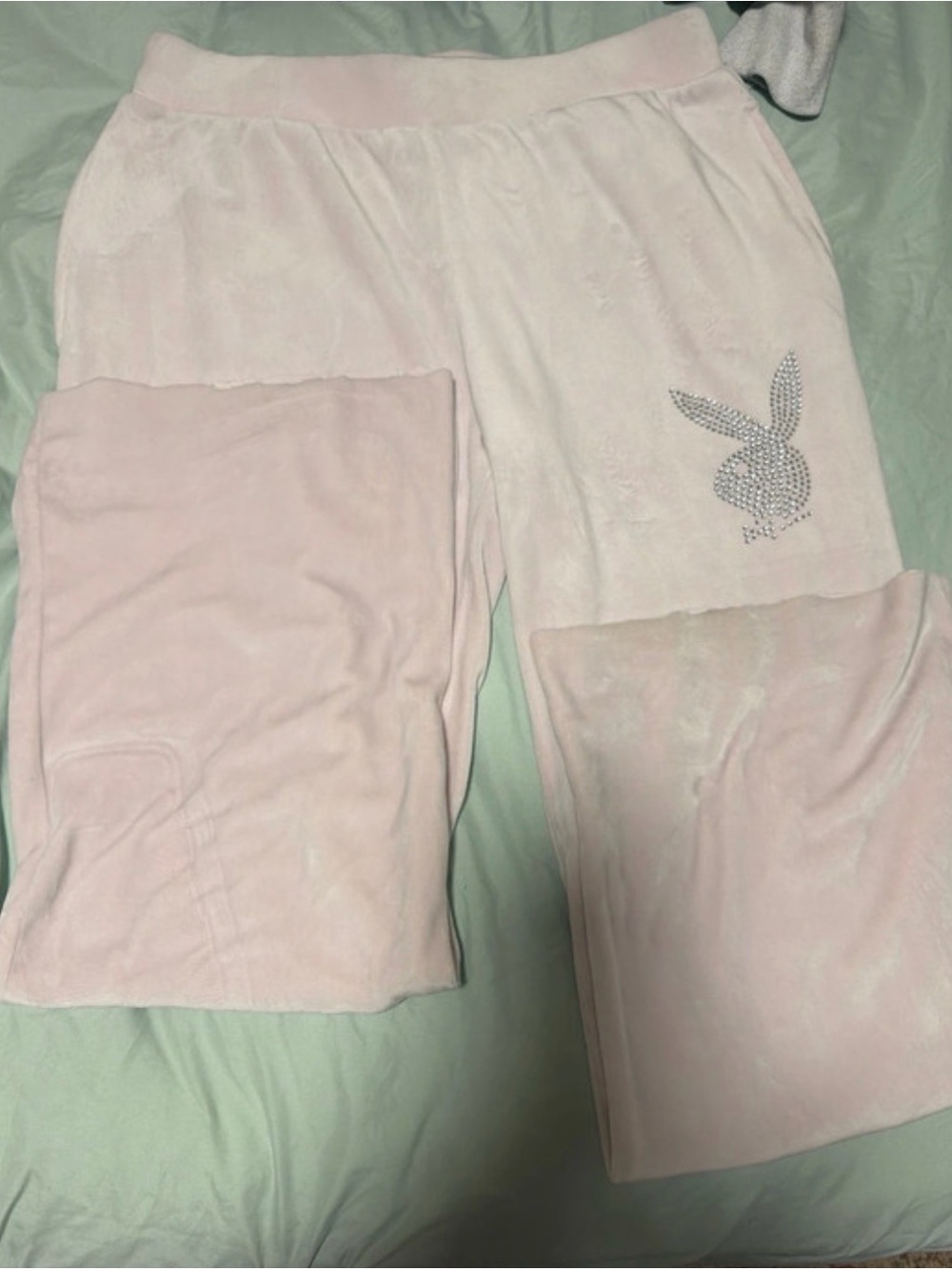 PLAYBOY Pale Pink Velour Kids Pajama Pants with Rhinestone Bunny